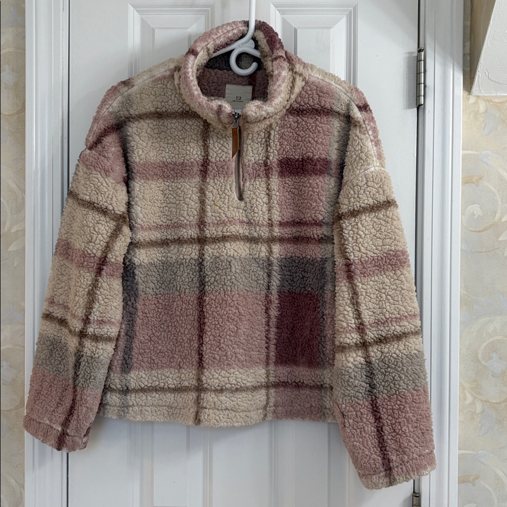 Thread & Supply Plaid Sherpa Teddy Quarter-Zip Pullover Sweatshirt/Jacket